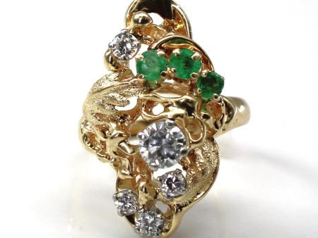 Diamond & Emerald Textured Gold Ring | 0.81ctw | 0.39ctw |SZ 7.25 | For Cheap